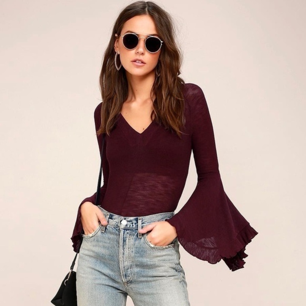 Free People Burgundy Bell-Sleeve V-Neck Top